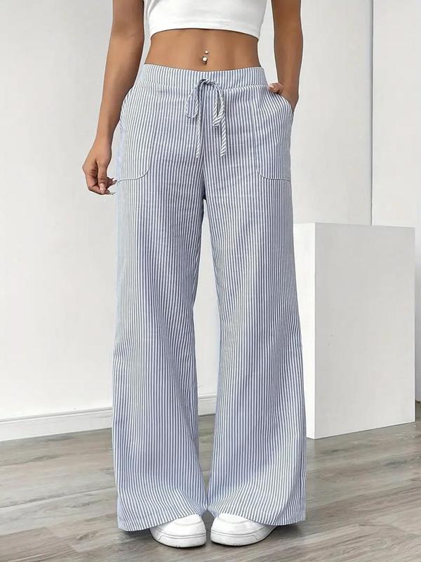 Women's Striped Print Drawstring Waist Pants, Casual Pocket Trousers for Fall & Winter, Women's Bottoms for Daily Wear