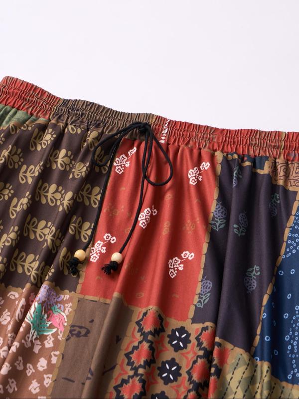 Plus Size Ethnic Patchwork Pattern Drawstring Waist A Line Skirt, Boho Fashion Casual Long Skirt for Daily Holiday Vacation Beach, Women Plus Clothing for Summer