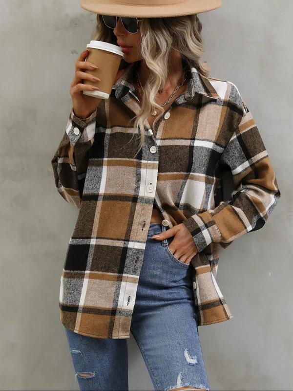 Women's Plaid Print Long Sleeve Shirt, Casual Button Front Top for Fall & Winter, Women's Clothes for Daily Wear