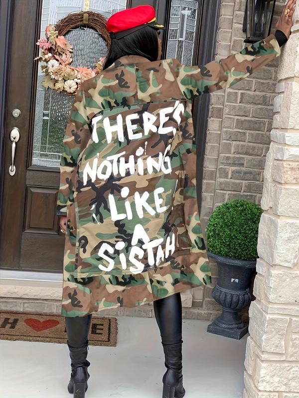 Women's Camo & Letter Print Lapel Trench Coat, Coats for Women, Casual Fashion Long Sleeve Open Front Coat for Daily Outdoor Wear,  Winter Clothes Women, Ladies Clothes for All Seasons