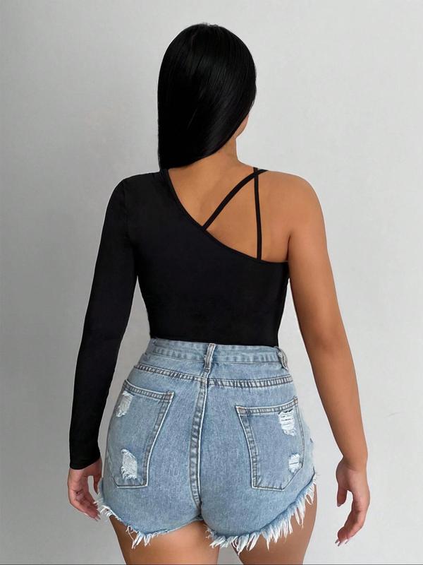 Women's Plain Criss Cross Backless Cut Out One Shoulder Crop Tee, Asymmetrical Neck Long Sleeve T-Shirt for Summer, Ladies Clothes for Daily Wear