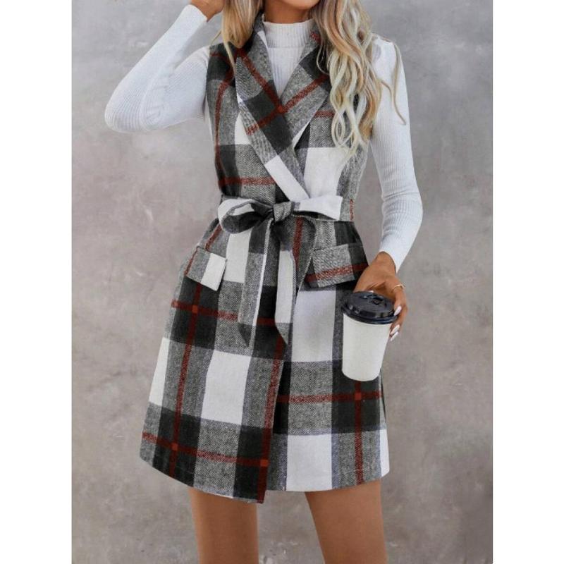 Autumn and Winter Check Tweed Vest Female Suit Collar Sleeveless Cardigan Mid-Length Coat