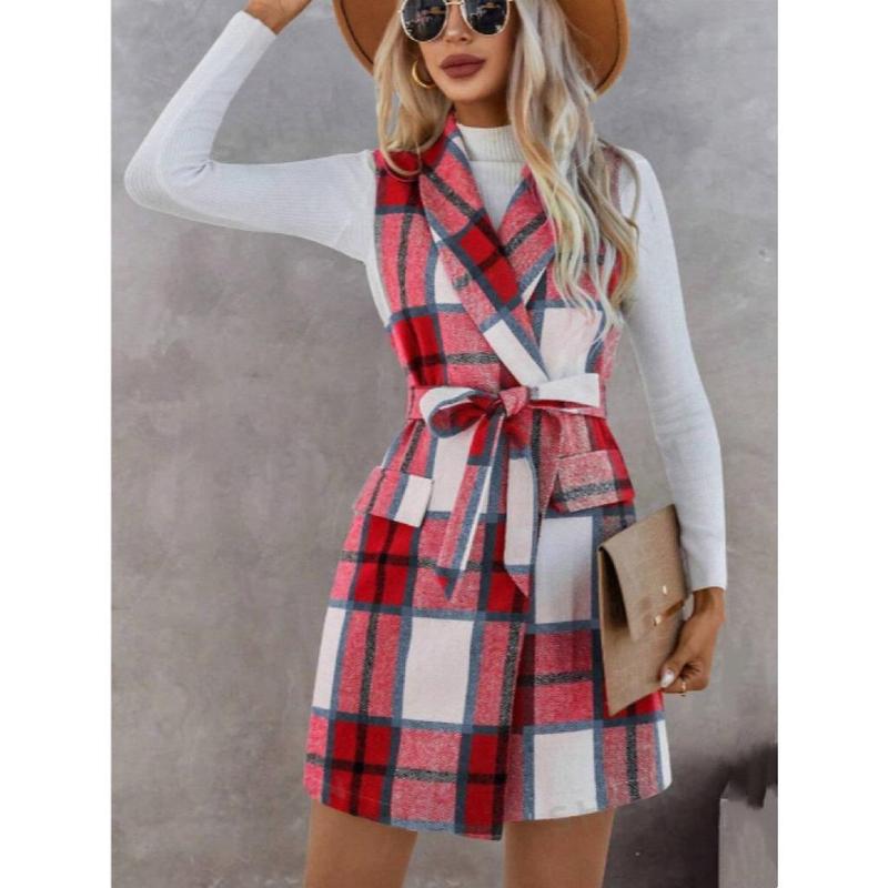 Autumn and Winter Check Tweed Vest Female Suit Collar Sleeveless Cardigan Mid-Length Coat