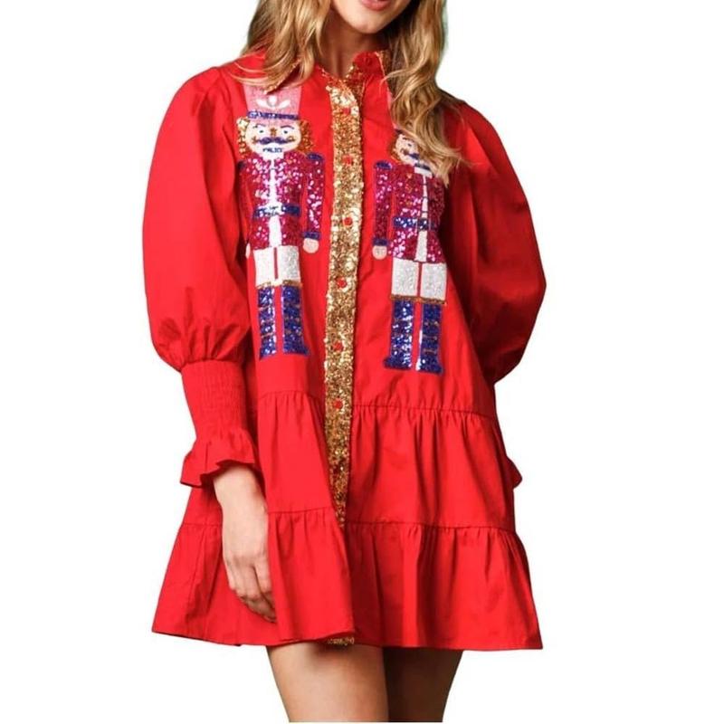 Women's Christmas Sequin Nutcracker Dress Holiday A-Line Dress Long Sleeve Christmas Fashion Trend Mini Shirt Dresses for Girls Cute Party Short Dresses