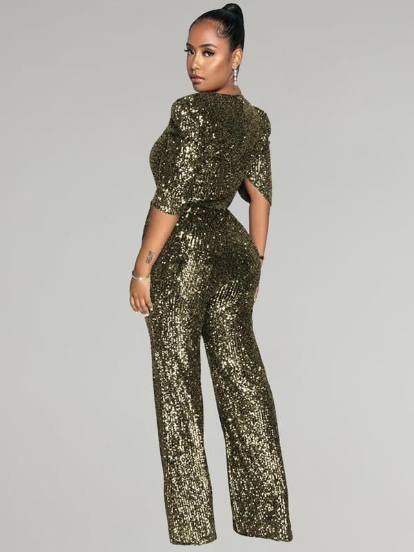 Women's Wrap V Neck Sequins Jumpsuit, Elegant Puff Sleeve Zipper Jumpsuit for Party Club Dating, Ladies Clothes for All Seasons