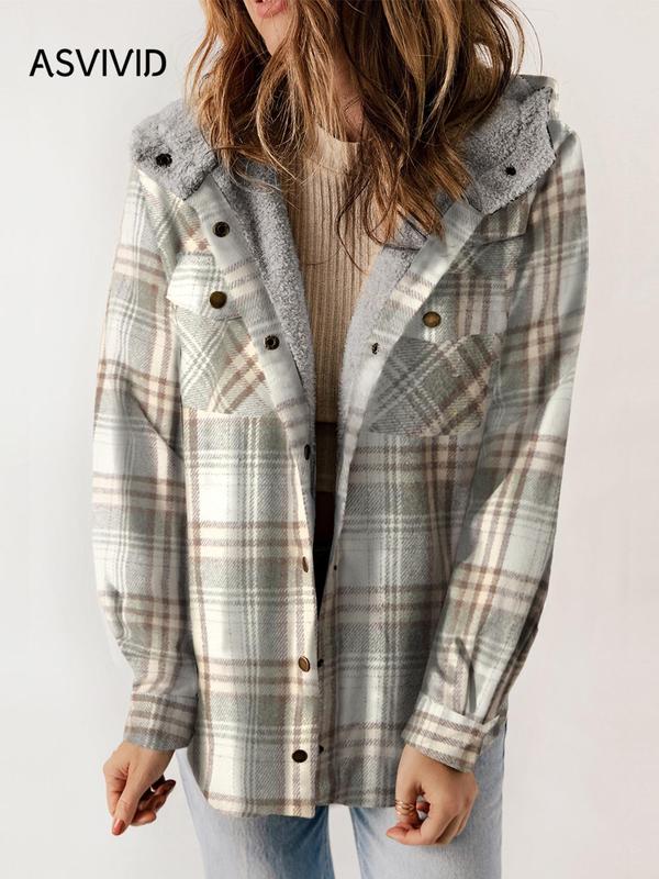 Women's Plaid Print Button Front Hooded Coat, Casual Mufti Clothes, Long Sleeve Pocket Coat for Fall, Ladies Outerwear for Daily Wear, Fall Outfits, Fallfreshness, Halloween, Halloween Costume