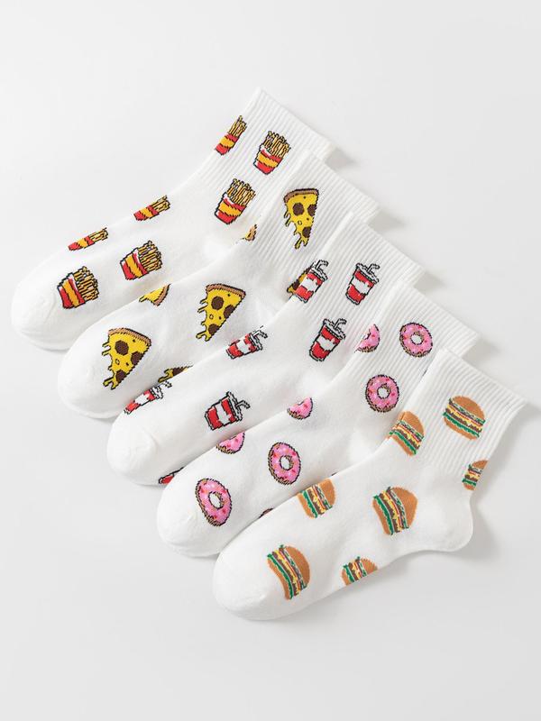 Women's 5 Pairs Cartoon Food Print Crew Socks, Casual Moisture Wicking Socks, Soft Comfy Breathable Socks, Cute Socks for Women Girls