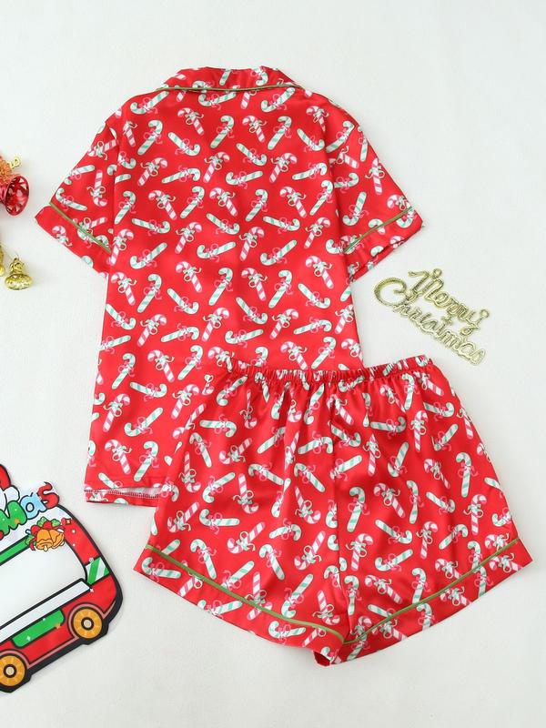 Two-piece Set Women's Christmas Print Bow Decor Lapel Neck Pajama, Casual Comfy Short Sleeve Button Up Top & Elastic Waist Shorts Pj Set, Ladies Sleepwear for All Seasons