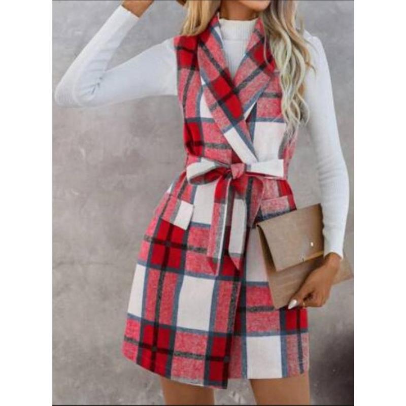 Autumn and Winter Check Tweed Vest Female Suit Collar Sleeveless Cardigan Mid-Length Coat