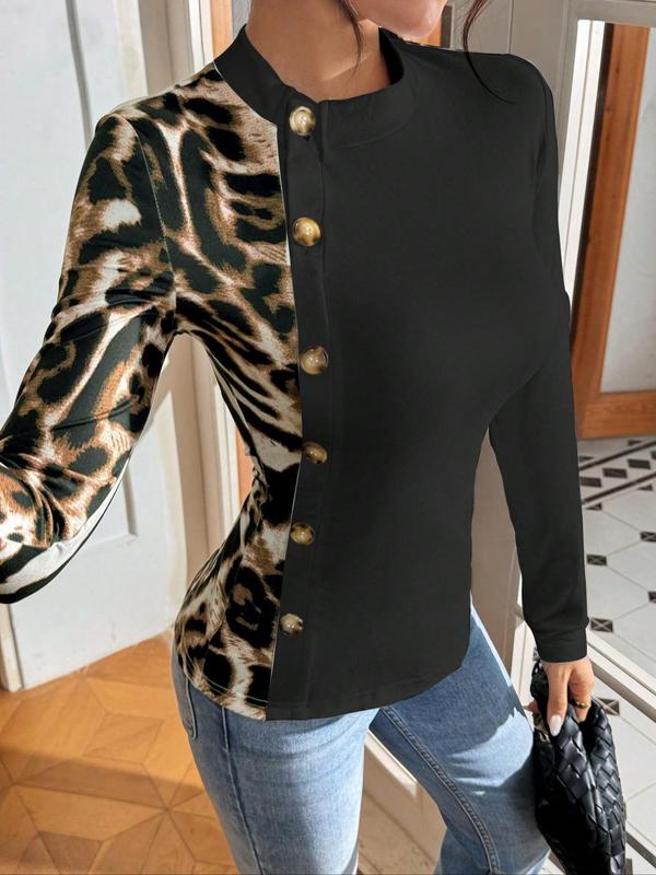 Women's Leopard Print Button Front Tee, Casual Long Sleeve Stand Collar T-Shirt for Fall & Winter, Women's Clothing for Daily Wear