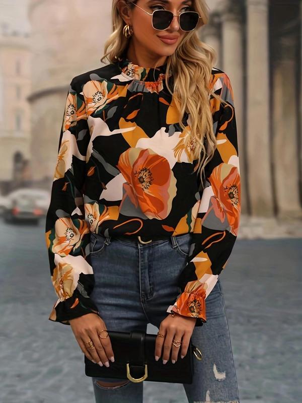 Women's All Over Floral Print Frill Trim Mock Neck Blouse, Elegant Fashion Casual Flounce Sleeve Top for Daily Outdoor Wear, Women Clothing for All Seasons