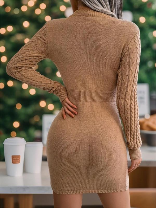 Women's Textured Cut Out Round Neck Sweater Dress, Casual Long Sleeve Crew Neck Bodycon Knit Dress for Fall & Winter, Women's Knitwear for Daily Wear