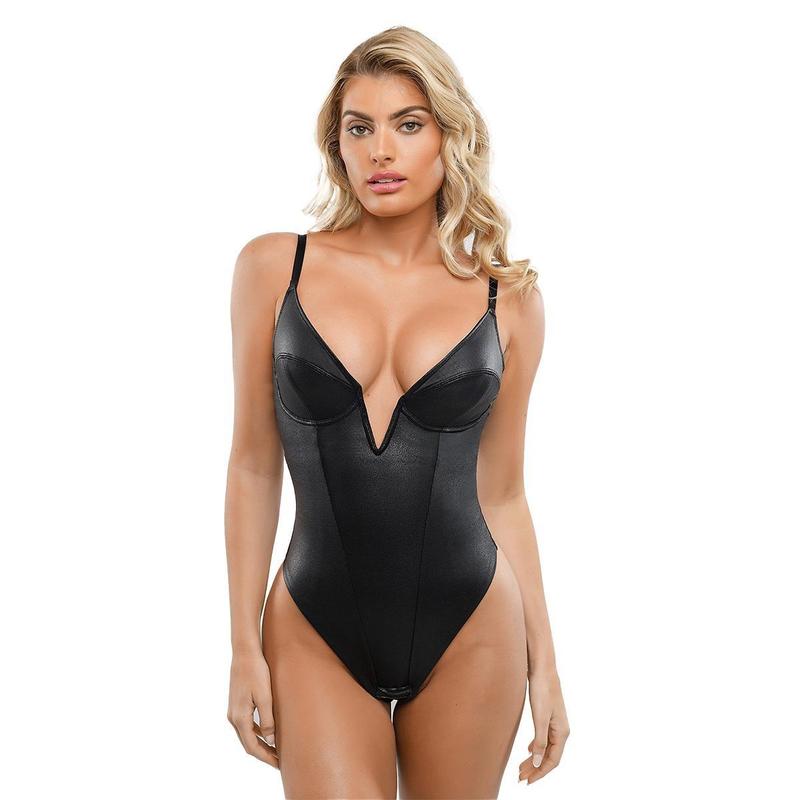 The Popilush Deep V-Neck Leather Shapewear Thong Bodysuit