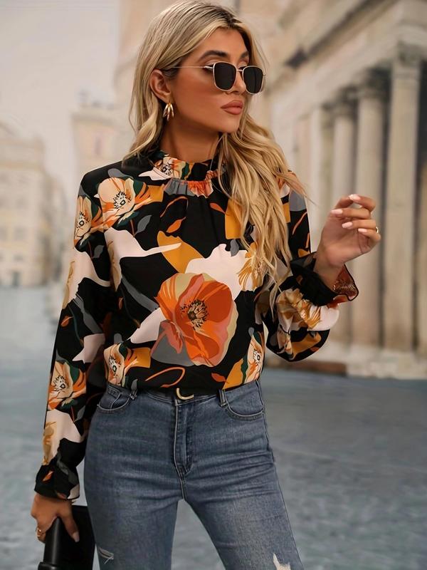 Women's All Over Floral Print Frill Trim Mock Neck Blouse, Elegant Fashion Casual Flounce Sleeve Top for Daily Outdoor Wear, Women Clothing for All Seasons