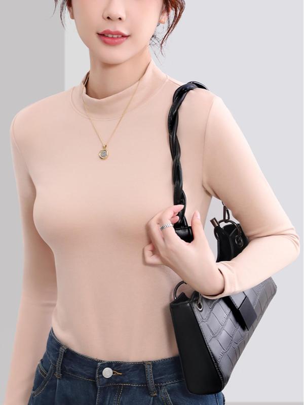 Women's Solid Thermal Lined Top, Casual Long Sleeve Mock Neck Top for Fall & Winter, Women's Clothing for Daily Wear