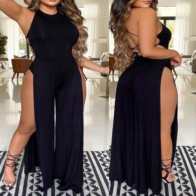 Summer Crisscross Backless High Slit Jumpsuit