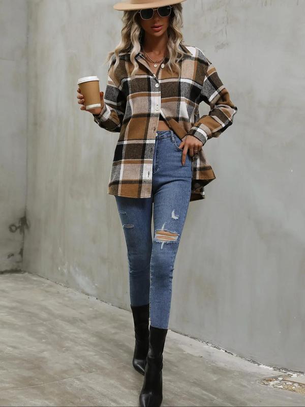 Women's Plaid Print Long Sleeve Shirt, Casual Button Front Top for Fall & Winter, Women's Clothes for Daily Wear