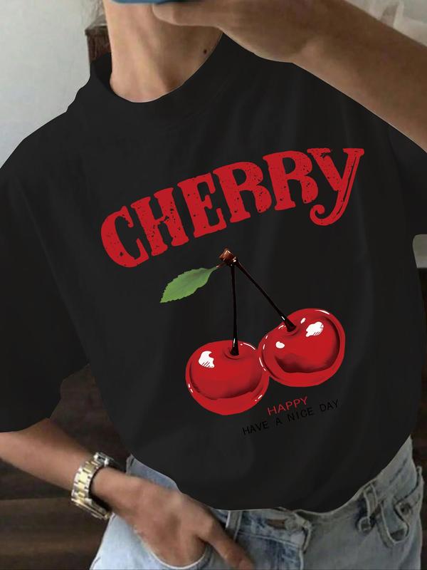 Women's Cherry & Letter Print Drop Shoulder Tee, Trendy Short Sleeve Round Neck T-Shirt, Ladies Clothes for Daily Wear