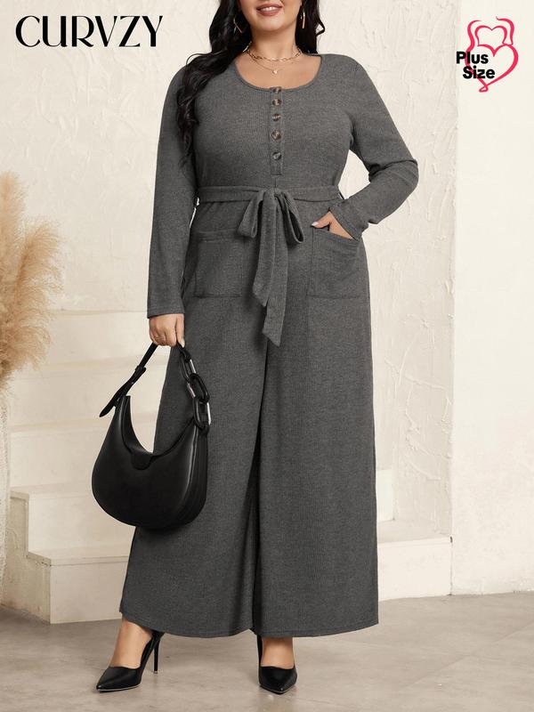 CURVZY Plus Size Solid Color Belted Button Pocket Jumpsuit, Casual Long Sleeve Round Neck Wide Leg Jumpsuit for Fall & Winter, Women's Plus Clothes for Daily Wear