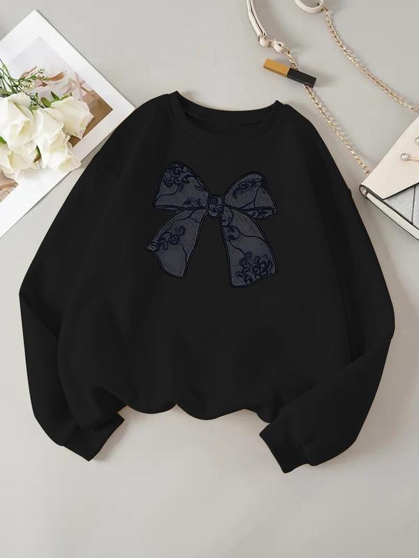 Women's Plain Bow Print Drop Shoulder Pullover, Casual Long Sleeve Crew Neck Sweatshirt for Daily Wear, Ladies Clothes for All Seasons