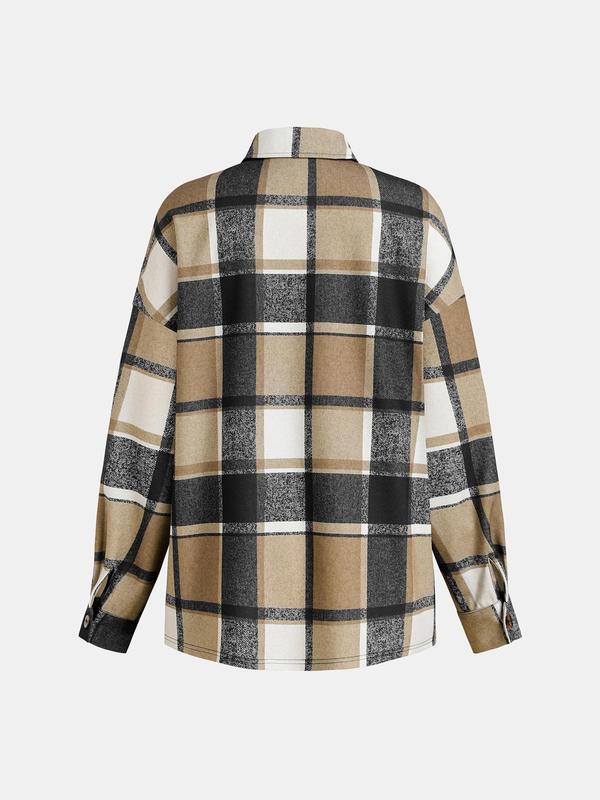 YOZY Women's Plaid Print Button Front Drop Shoulder Shirt, Casual Long Sleeve Collared Top for Spring & Fall, Ladies Clothes for Daily Wear