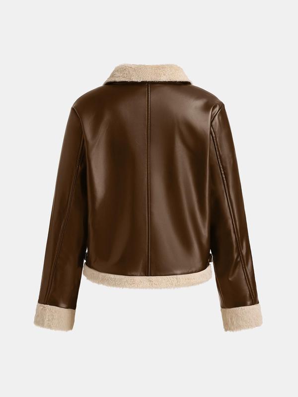 YOZY Christmas Deals, Women's Solid Color PU Leather Jacket, Casual Long Sleeve Zip Up Collared Outerwear for Fall & Winter, Christmas 2024 Trend, Fall & Winter Clothes