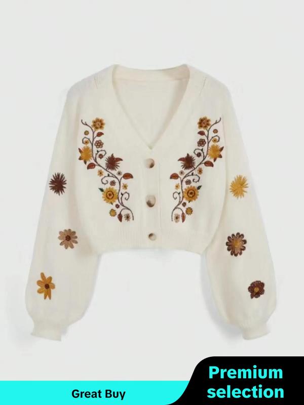 Women's Floral Pattern Button Front Cardigan, Casual Bishop Sleeve V Neck Knitwear for Spring & Fall, Cardigan for Women, Fashion Women's Knit Clothing for Daily Wear Cardigan Sweater