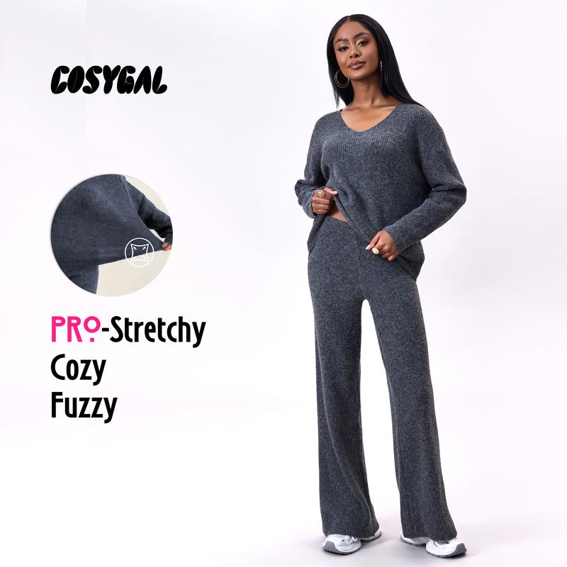 COSYGAL Women's Sweater Set Solid Color Comfort Vneck Sweater & Pants For Winter 2 Piece Sets Women Outdoor Daily Long Sleeve Clothing Outfit