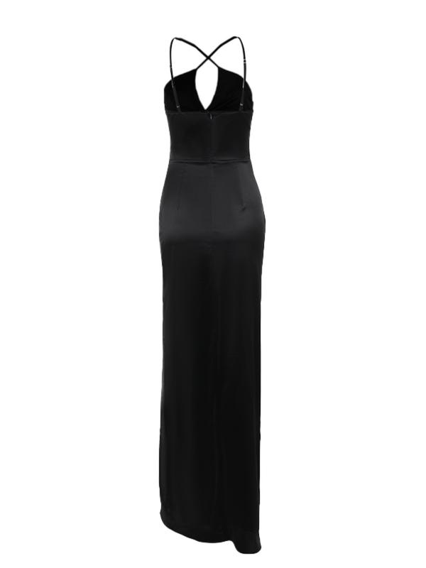 Women's Plain Cross Neck Wrap Satin Evening Dress, Elegant Sleeveless Halter Split Hem Evening Party Gown, Ladies Clothes for All Seasons