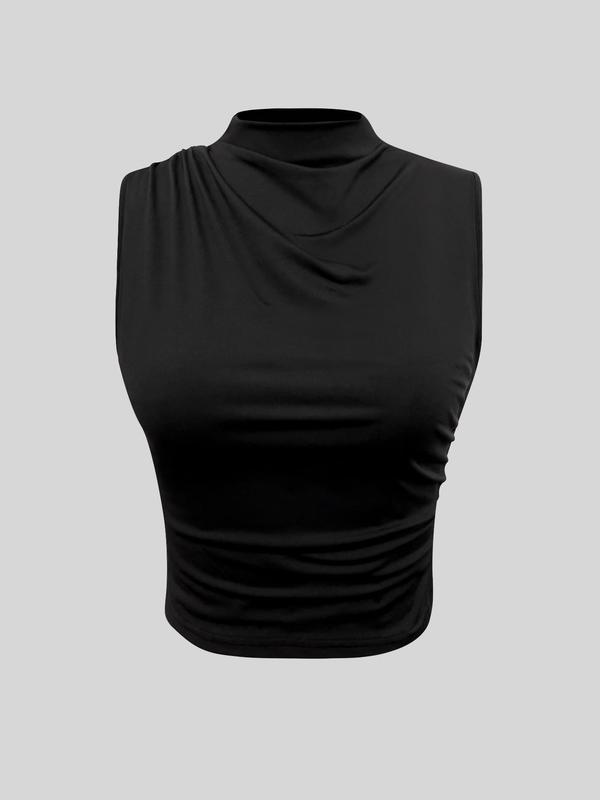 Women's Plain Ruched Mock Neck Crop Tank Top, Summer Clothes Women, Casual Sleeveless Cropped Top for Summer, Ladies Clothes for Daily Wear