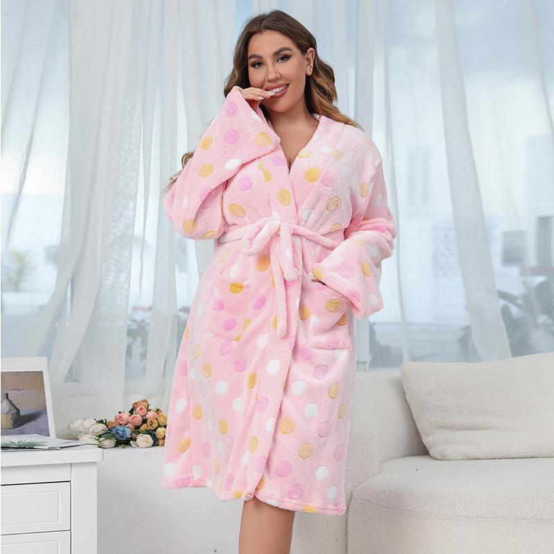 Women Flannel Bathrobe Plus Size Warm Long Sleeve Spa Night Kimono Robe with Belt for Soft Pajama Outfit la perla  loungewear Nightwear Womenswear Bathing Bridal