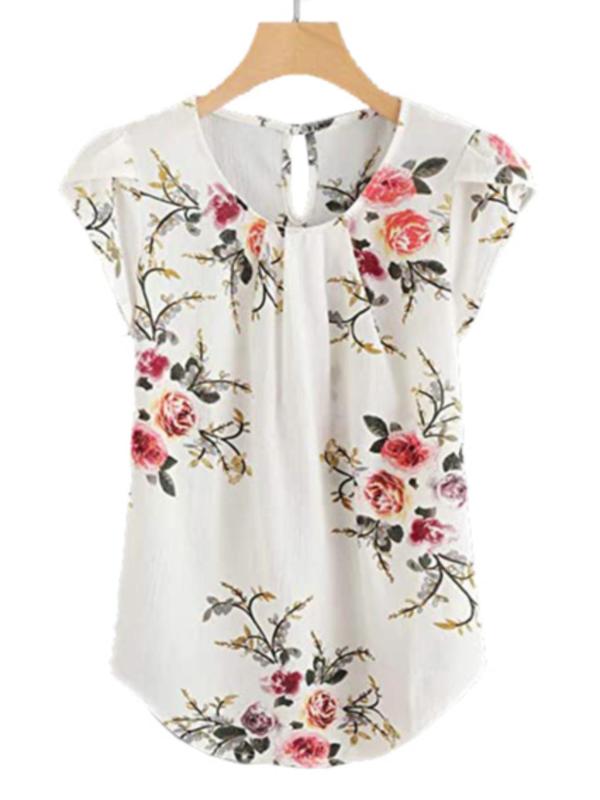 Women's Ruched Keyhole Neckline Blouse, Casual Floral Print Cap Sleeve Top, Summer Clothes Women, Women's Top for Spring & Fall