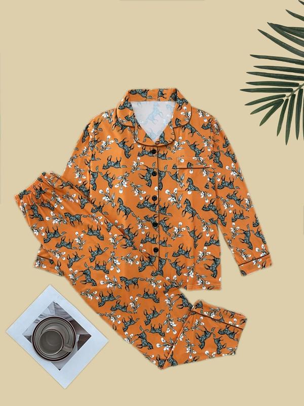 Two-Piece Set Women's Floral & Horse Print Pyjama, Casual Comfy Pocket Button Front Lapel Shirt & Elastic Waist Pants PJ Set, Women's Sleepwear for Fall & Winter