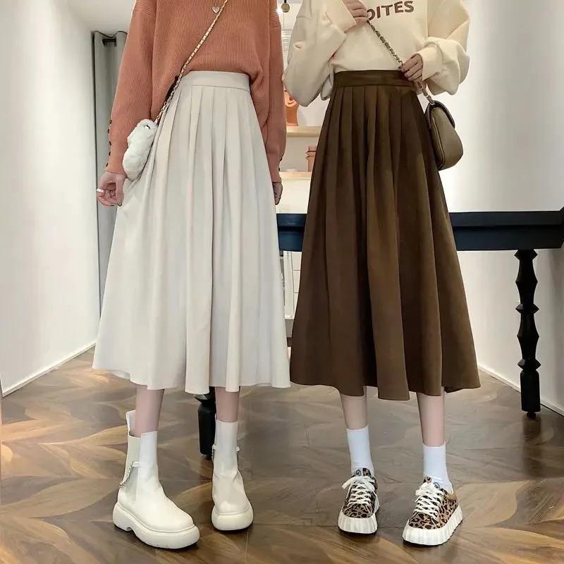 Fall Winter Women's Pleated Skirts Vintage High Waist Corduroy Long Skirt Woman Streetwear Simple All-match A-line Midi Skirts