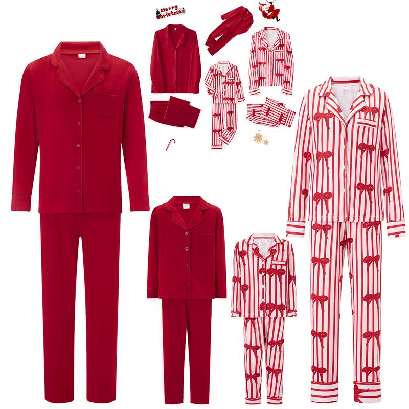 New Red Christmas Pajamas For Family Lapel Neck Button-up Long Sleeve Tops Long Pants 2-Piece Bow Solid Color Loungewear Outfit