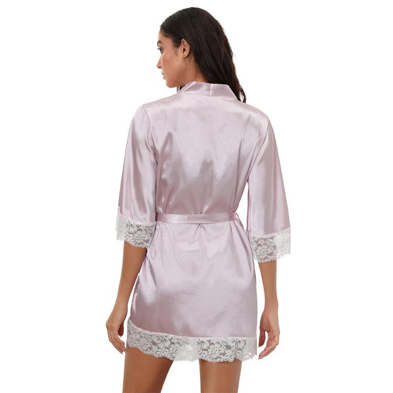 Women 3 4 Sleeves Bathrobe Fashionable Lace Patchwork Spa Night Kimono Robe with Belt Soft Pajama Outfit For Lady