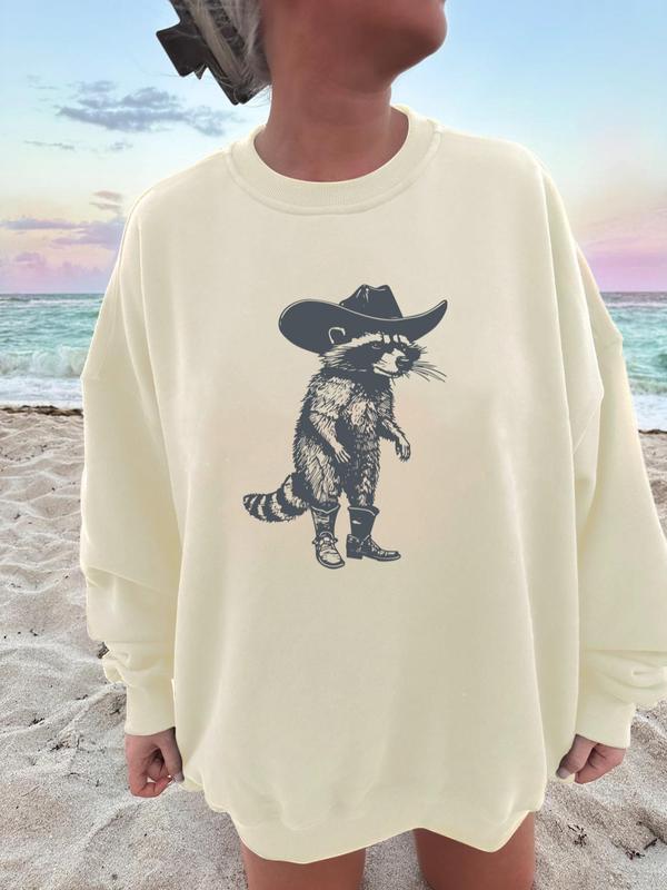 Women's Raccoon Print Crew Neck Sweatshirt, Casual Loose Long Sleeve Pullover for Fall & Winter, Women's Clothes for Daily Wear