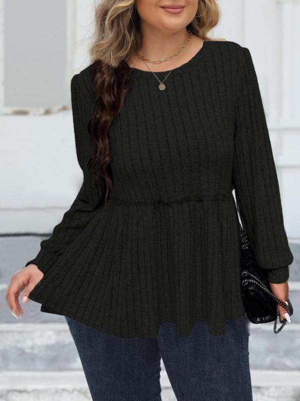  Solid Pleated Bishop Sleeve Tee, Casual Long Sleeve Round Neck Top for Fall & Winter, Women's Clothes for Daily Wear