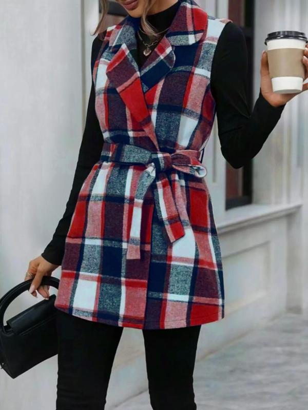 Women's Plaid Print Belted V Neck Waistcoat, Casual Fashion Comfy Gilet Coat for Daily Outdoor Wear, Women Clothes for Fall, Lady Fitted Vest Coat Womenswear, Back To School Outfit for, Halloween, Halloween Costume Tops