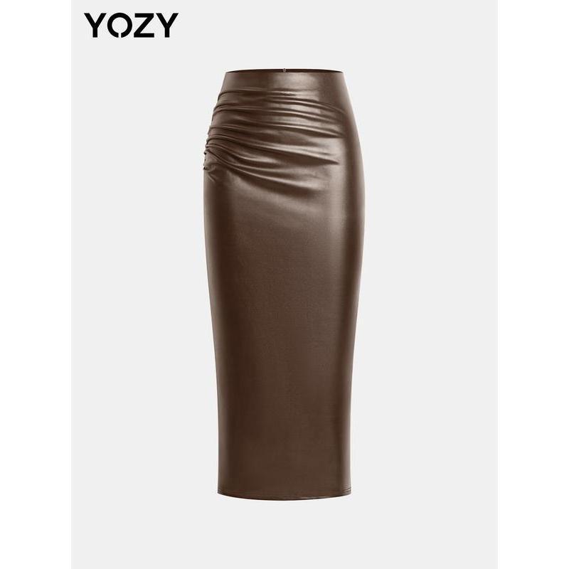 Black Friday Deals YOZY Ruched Split Hem PU Leather Skirt   Solid Fashionable High Waist Zipper Back Skirt， 2024 Women's Fall & Winter, Thanksgiving Clothes, Tiktok Shop Black Friday, Christmas 2024 Trend,Thanksgiving Clothing,Winter Clothing