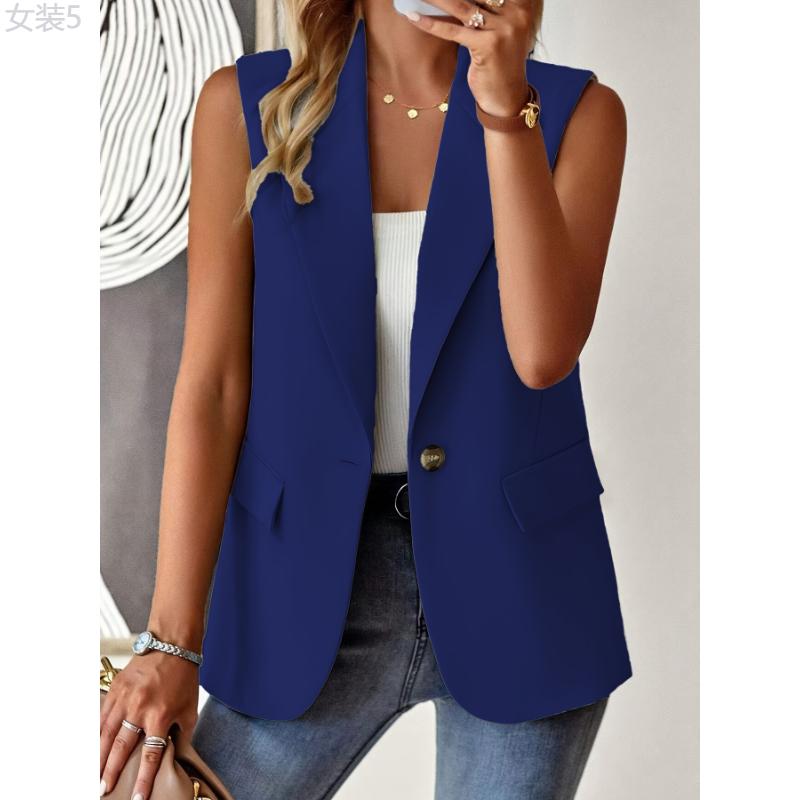 Elegant Sleeveless Lapel Vest - Ladies Blazer with Button Front, Solid Color, Perfect for Spring & Fall, Women's Fashion Clothing for Chic Look Fabric Womenswear Polyester Tops Comfort Collar