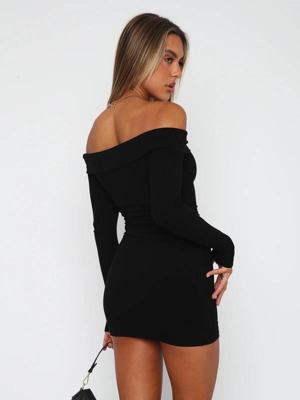 Women's Solid Off Shoulder Ribbed Bodycon Dress, Elegant Fashion Long Sleeve Mini Dress for Party Club Dating Wear, Women Dress for Fall & Winter