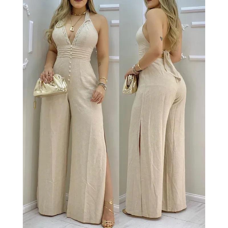 Women Jumpsuits Lace Trim Buttoned Backless Sitt Jumpsuit Jumpsuit