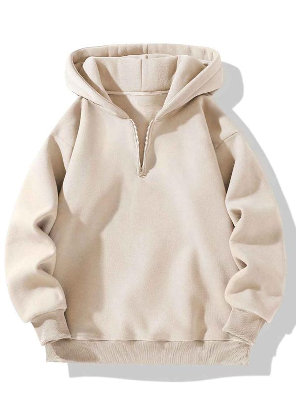 Women's Solid Drop Shoulder Half Zip Thermal Lined Hoodie, Casual Long Sleeve Hooded Sweatshirt for Fall & Winter, Women's Clothes for Daily Wear