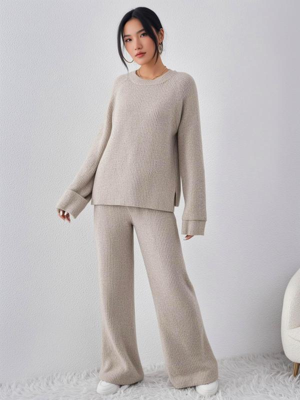 Two-Piece Set Women's Solid Raglan Sleeve Split Sweater & Pants Set, Casual Long Sleeve Round Neck Jumper & Trousers, Women's Fall & Winter Knitwear Set