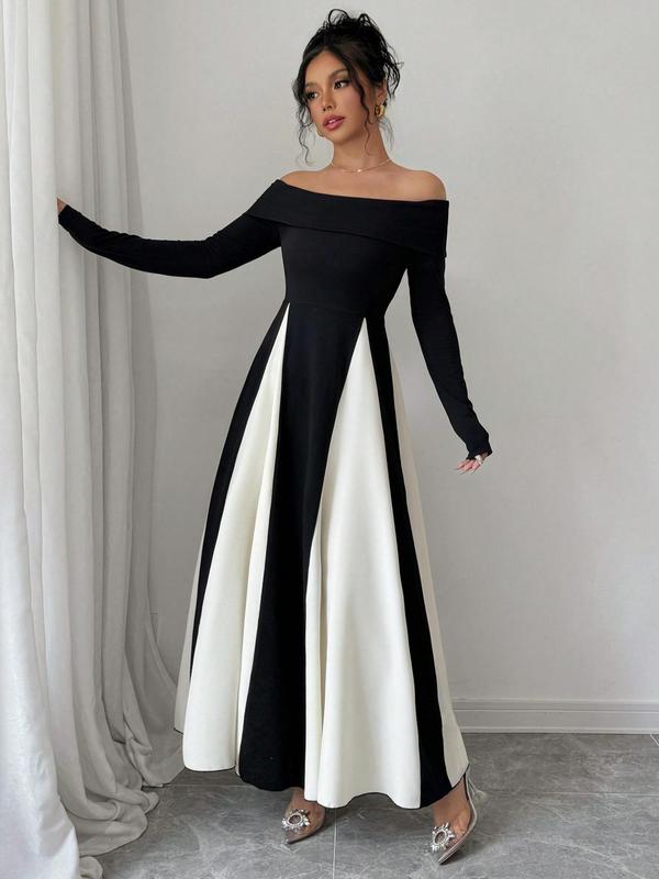 Women's Colorblock Off Shoulder Long Sleeve Dress, Elegant A Line Dress for Party Holiday Wedding Guest, Ladies Spring & Fall Clothes