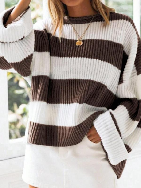 Women's Colorblock Striped Print Drop Shoulder Sweater, Fall Outfits, Casual Long Sleeve Round Neck Jumper for Fall, Fashion Ladies' Knitwear for Daily Wear, Preppy 80s Clothes