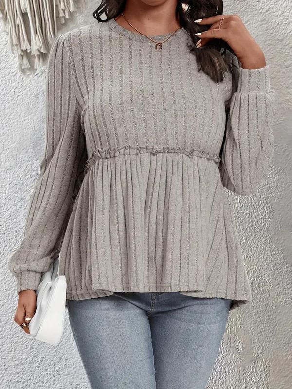  Solid Pleated Bishop Sleeve Tee, Casual Long Sleeve Round Neck Top for Fall & Winter, Women's Clothes for Daily Wear