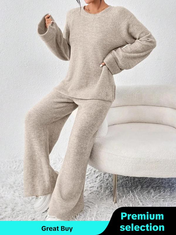 Two-Piece Set Women's Solid Raglan Sleeve Split Sweater & Pants Set, Casual Long Sleeve Round Neck Jumper & Trousers, Women's Fall & Winter Knitwear Set