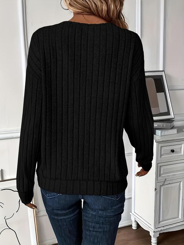  Solid Drop Shoulder Ribbed Sweater, Casual Long Sleeve V Neck Jumper for Fall & Winter, Women's Clothing for Daily Wear